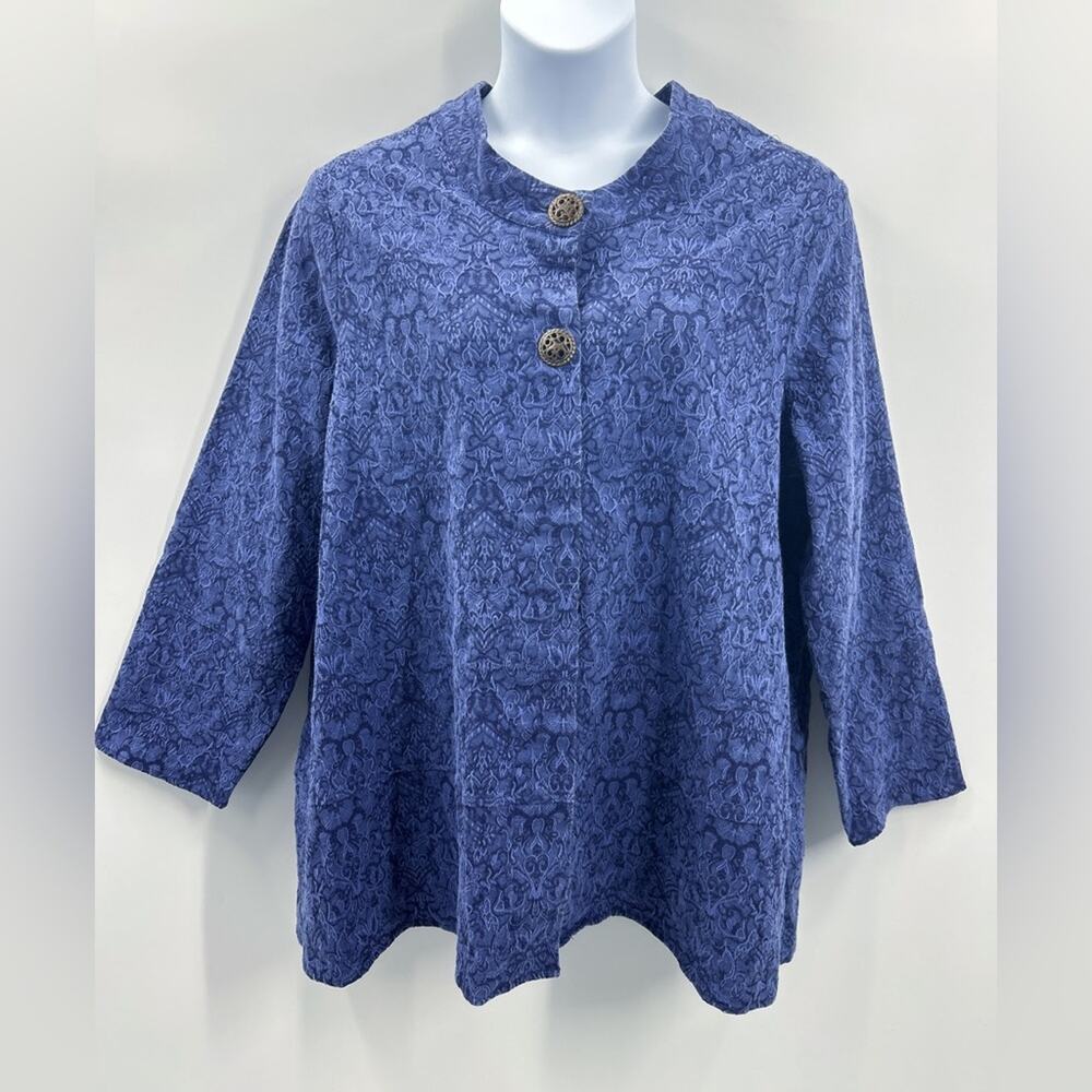 Ulla Popken Blue Embroidered Jacquard Jacket Plus size 24 26 Buttons Artsy